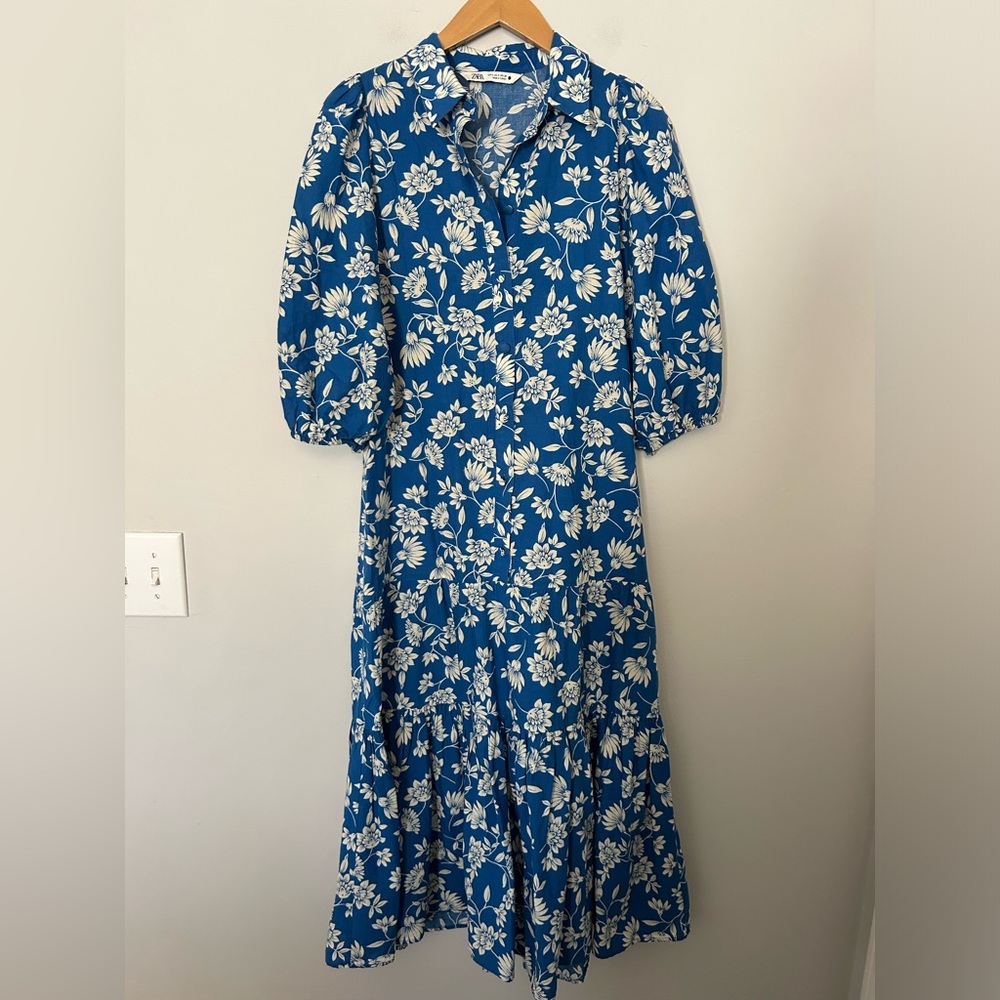Zara Blue Floral Printed Button Front Collared Long Dress